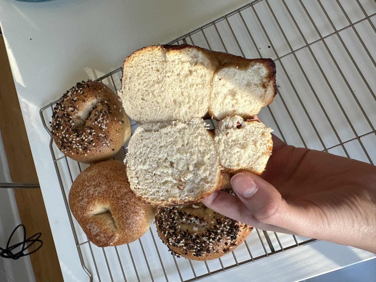 A bagel torn open showing the crumb inside