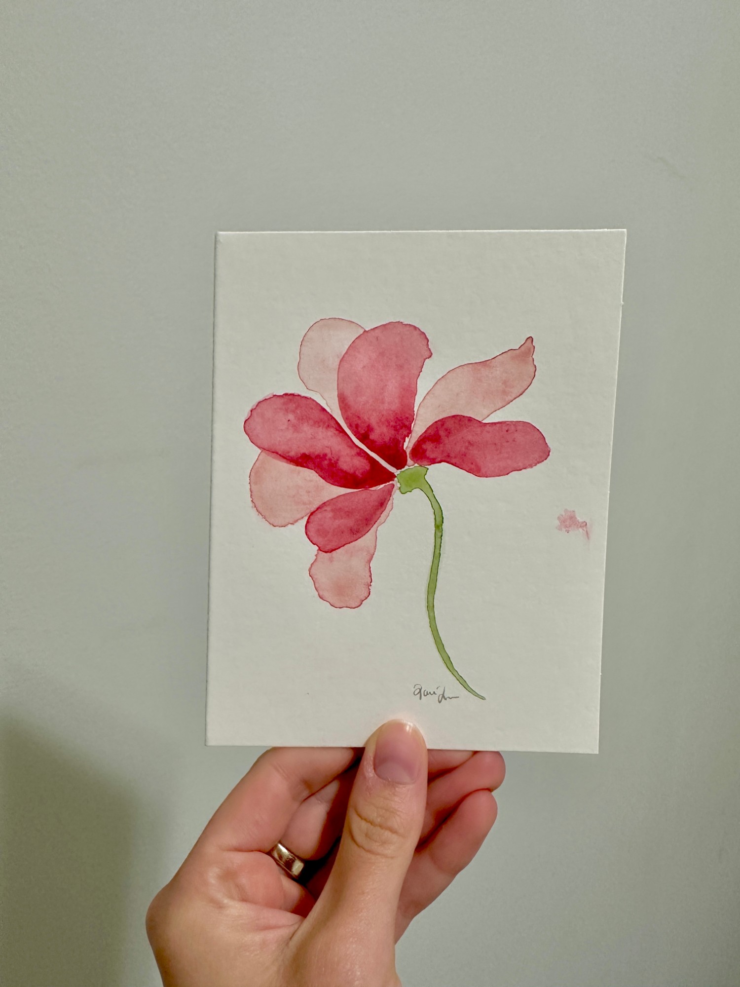 Watercolor painting of a pink flower, thank you card