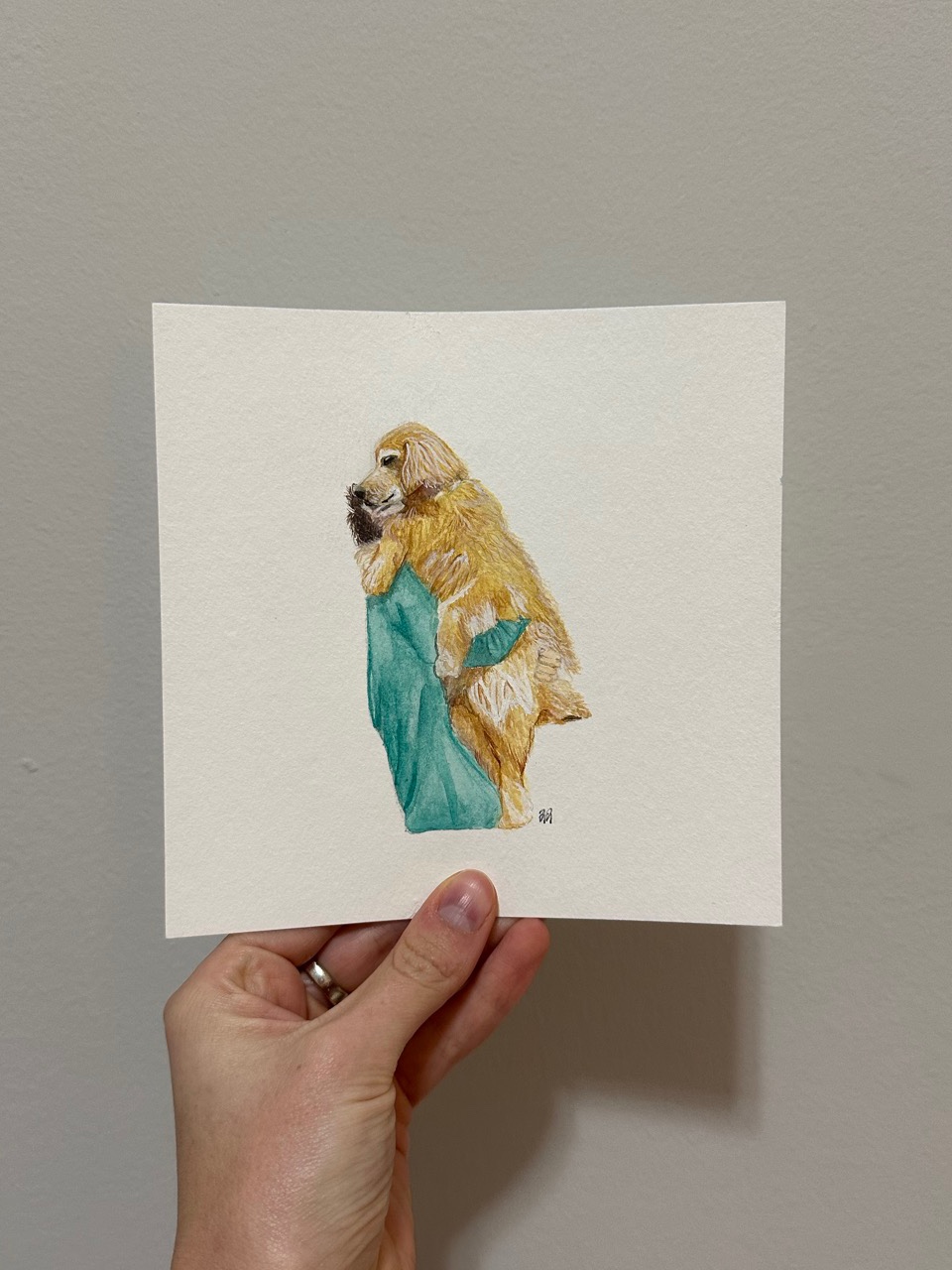 Watercolor portrait of a golden retriever wrapped in a towel
