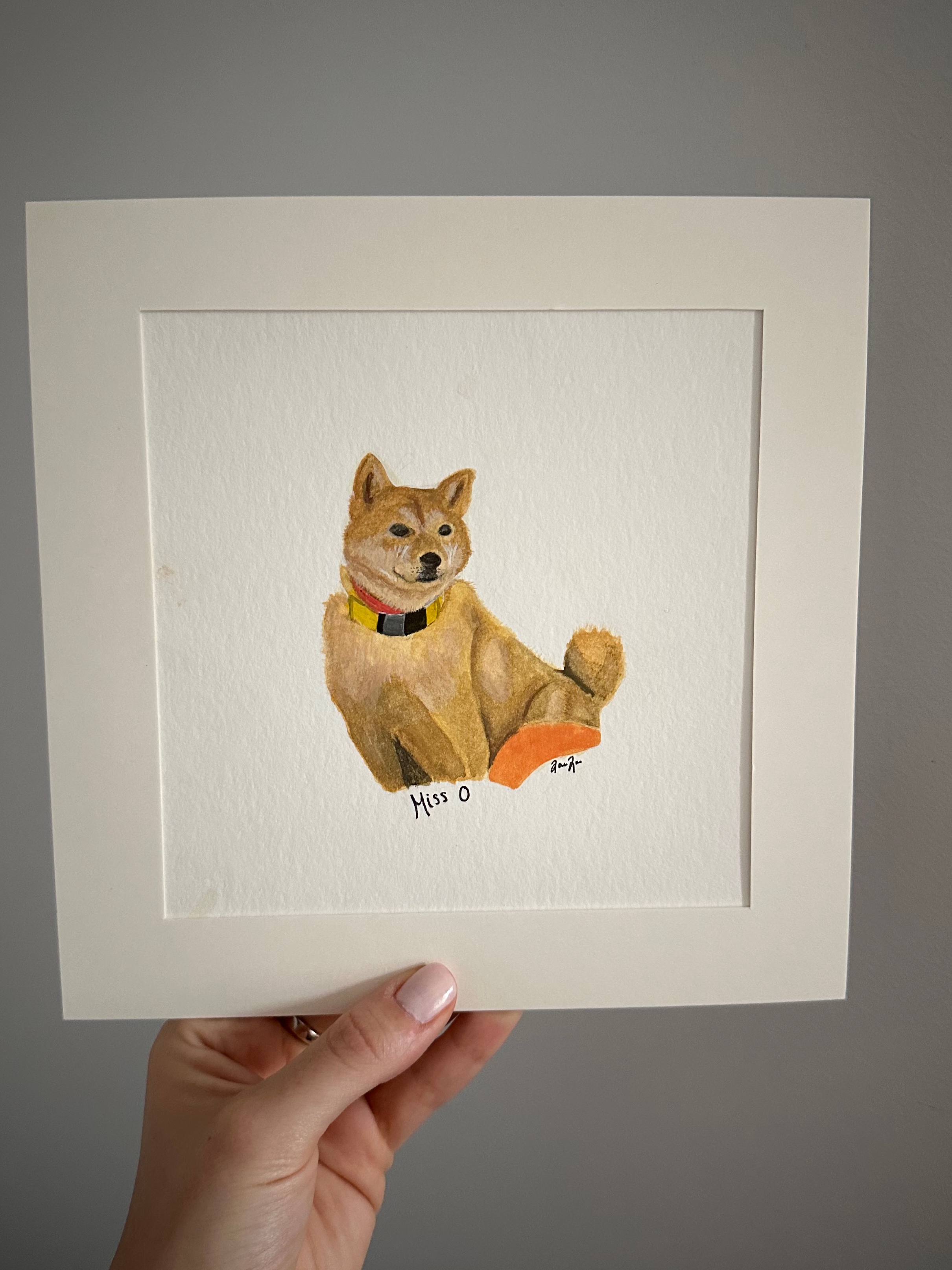 Watercolor portrait of a dog named Miss O