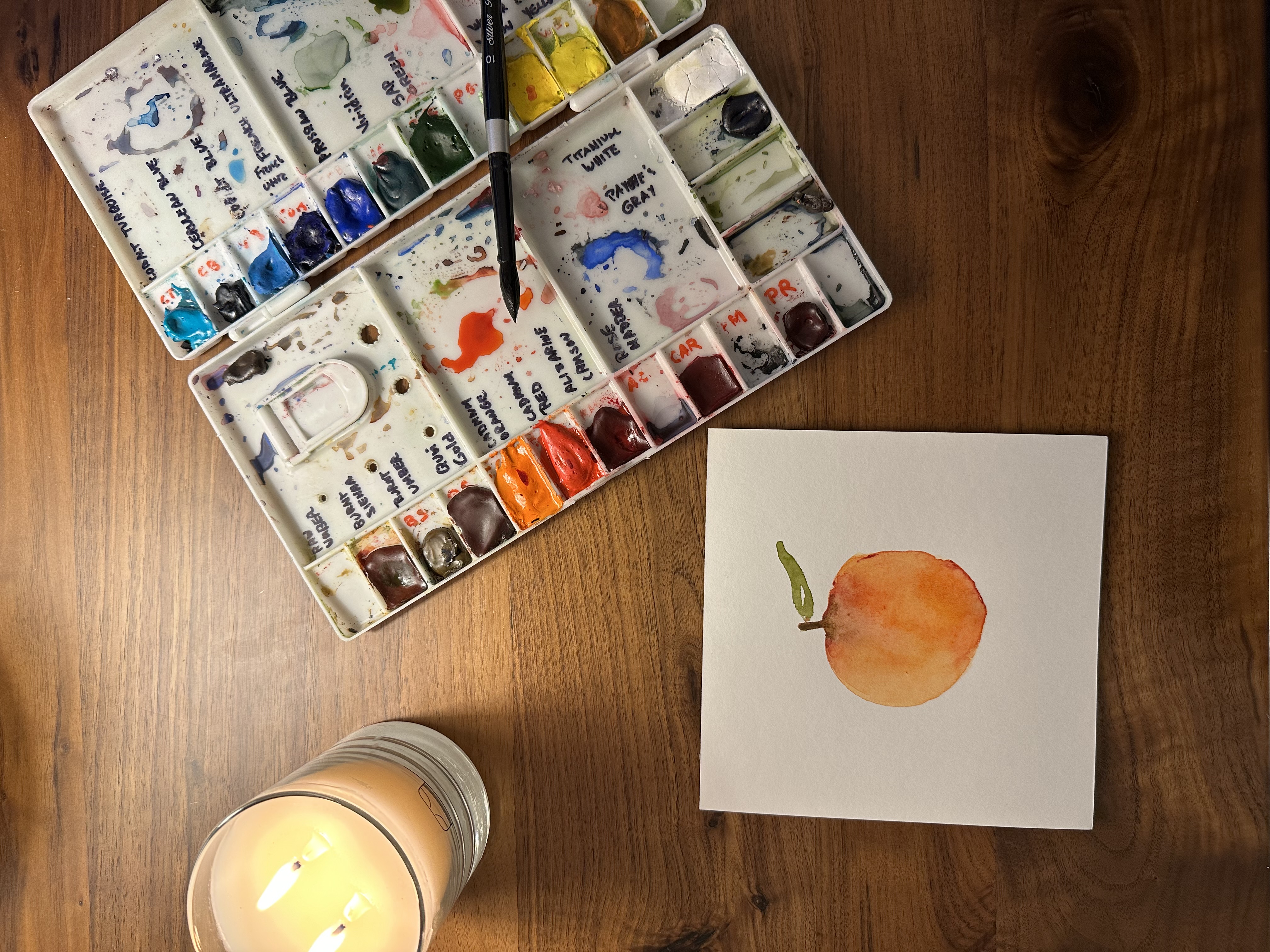 Overhead view of the painter's watercolor workstation with palette and a finished blood orange painting